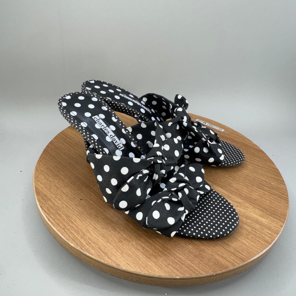 Charles David Polka Dot Bow Kitten Heel Sandals 6.5M Black White Retro Pinup